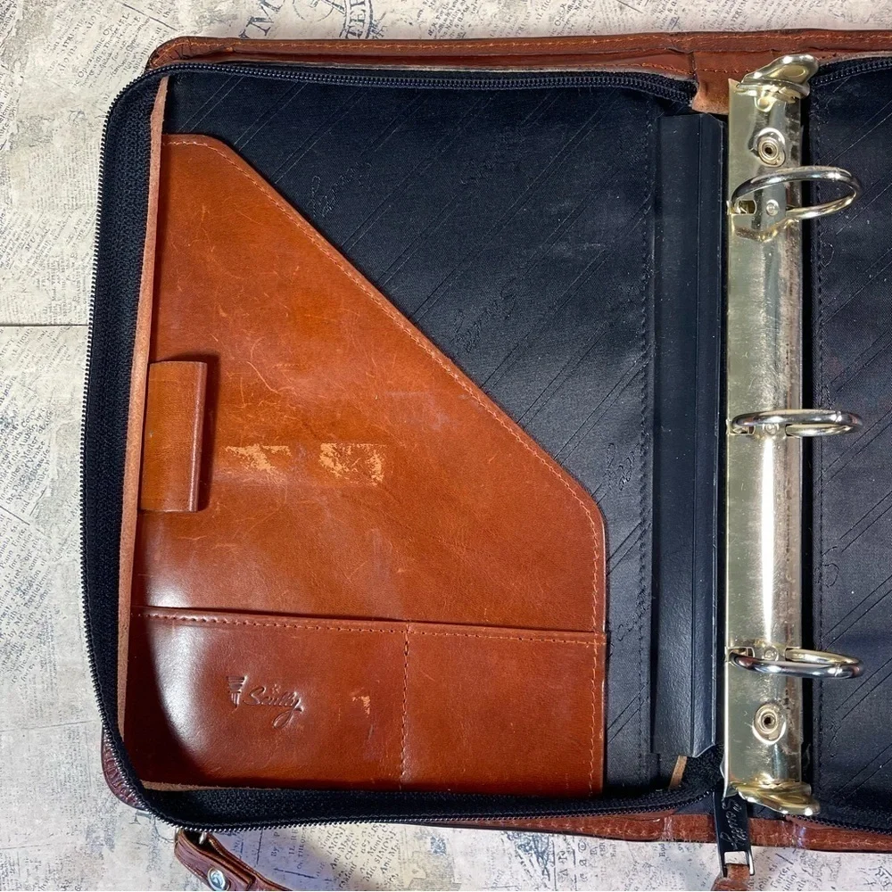 Vintage Scully Brown Leather 3-Ring Binder Planner Organizer Zip Portfolio